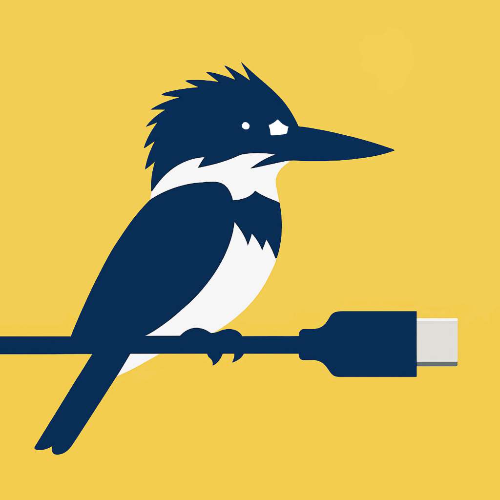 The PhotoFisher logo, an image of a KingFisher perched on a USB cable.